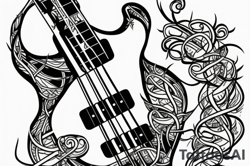 Bass guitar wrapped with vines tattoo idea