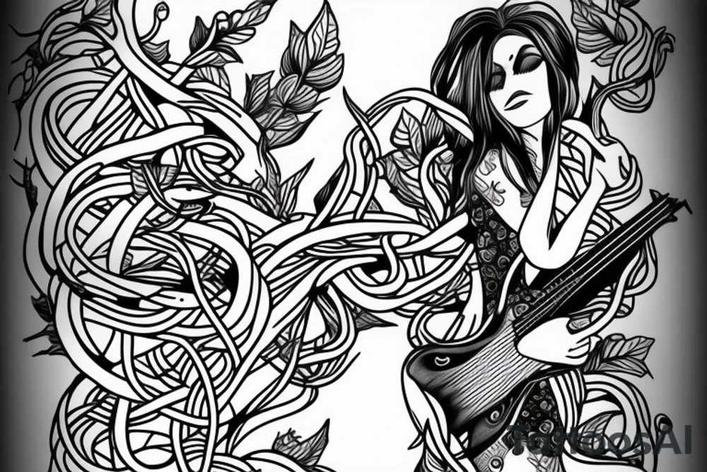 Girl with Bass guitar wrapped with vines tattoo idea