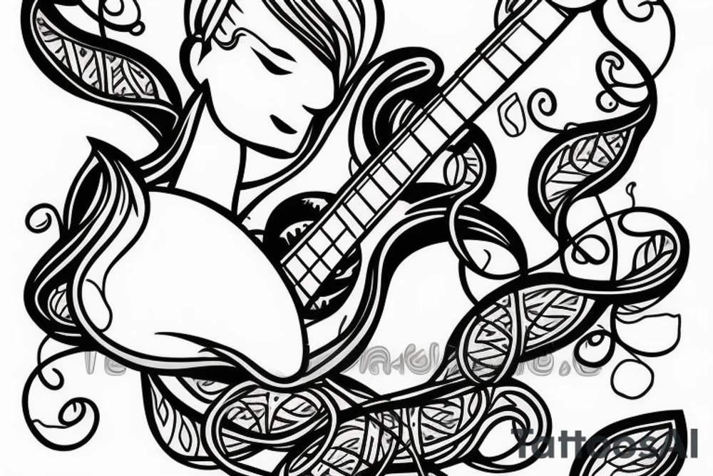 Girl with Bass guitar wrapped with vines tattoo idea