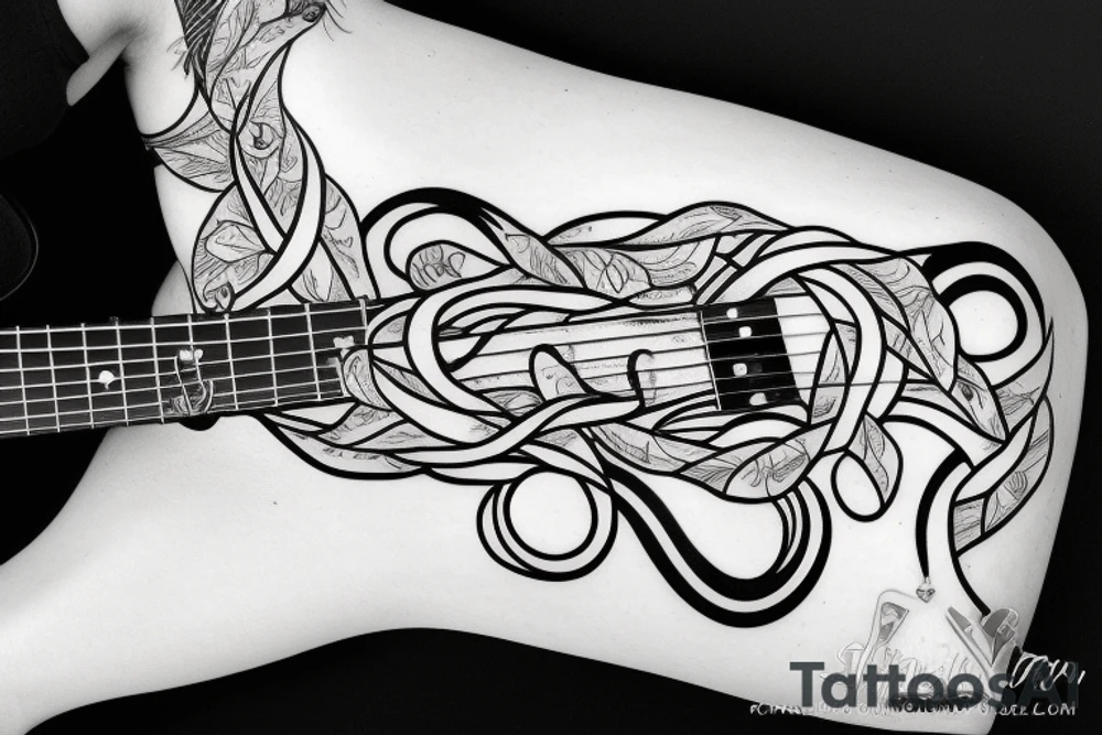 Girl with Bass guitar wrapped with vines tattoo idea