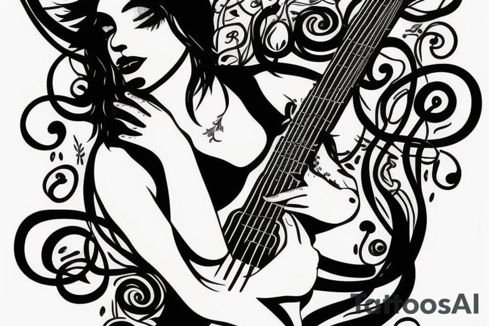 Girl with Bass guitar wrapped with vines tattoo idea