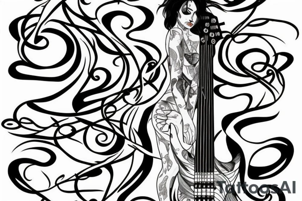 Girl with Bass guitar wrapped with vines tattoo idea