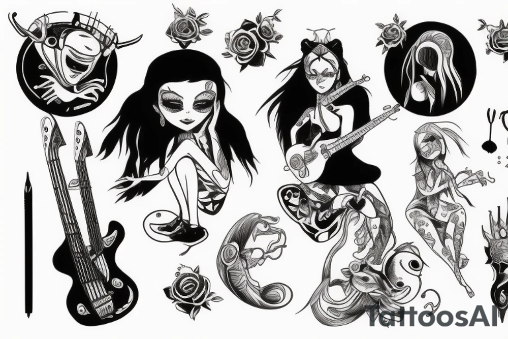 Alien girl playing bass tattoo idea