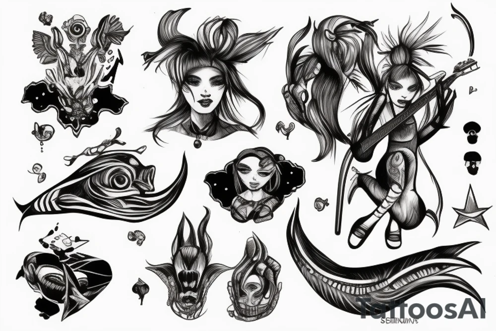 Alien girl playing bass tattoo idea