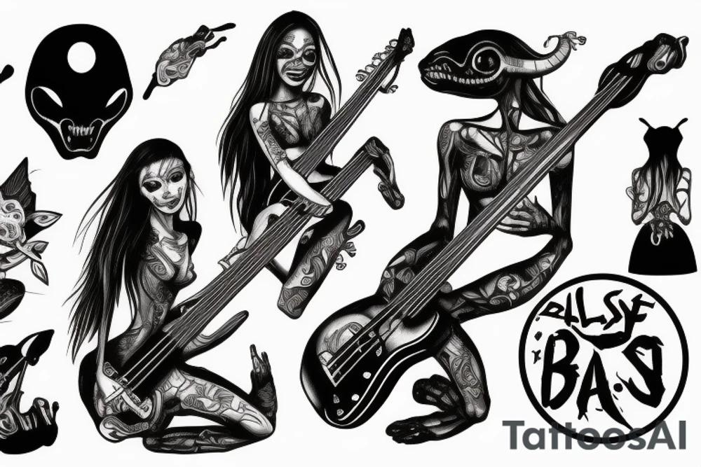 Alien girl playing bass tattoo idea
