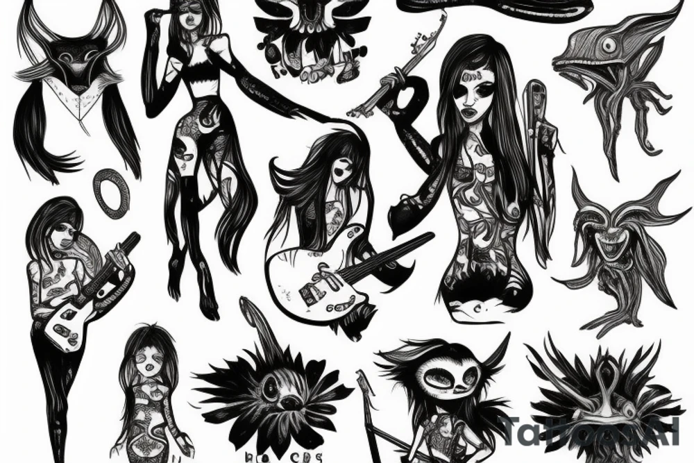 Alien girl playing bass tattoo idea