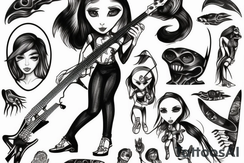 Alien girl playing bass tattoo idea