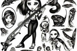 Alien girl playing bass tattoo idea
