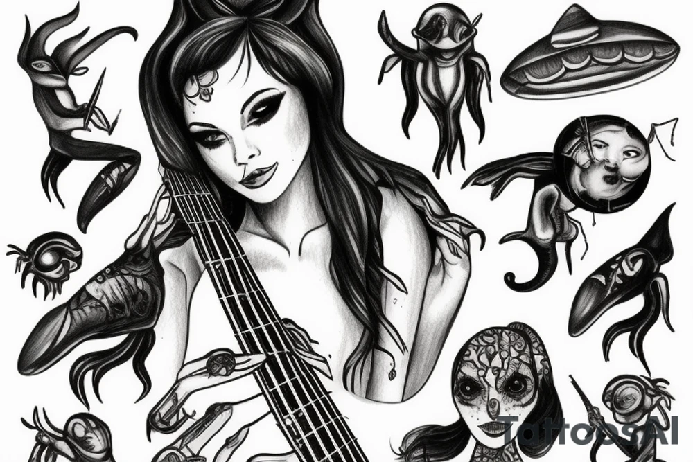 Female alien playing bass tattoo idea