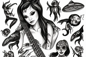 Female alien playing bass tattoo idea