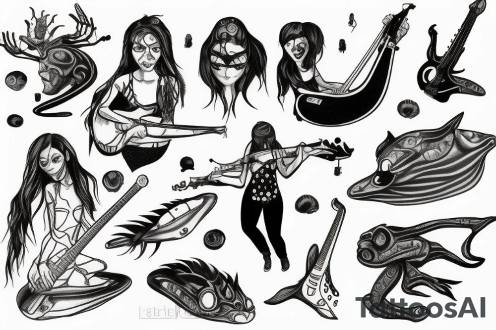 Female alien playing bass tattoo idea