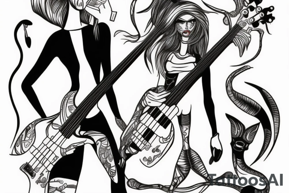 Female alien playing bass tattoo idea