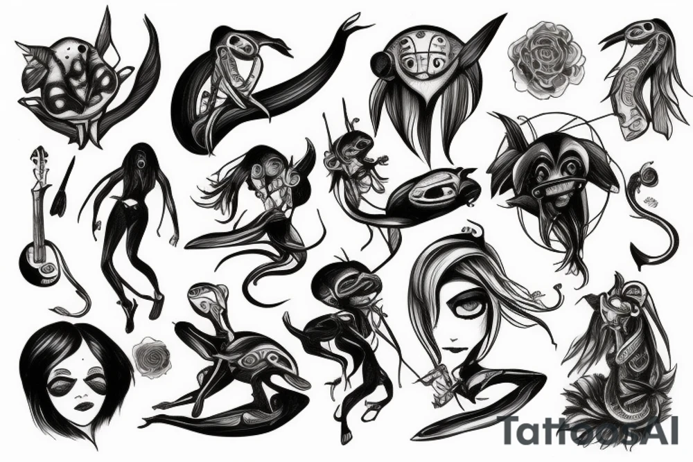 Female alien playing bass tattoo idea