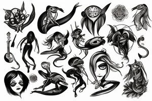 Female alien playing bass tattoo idea