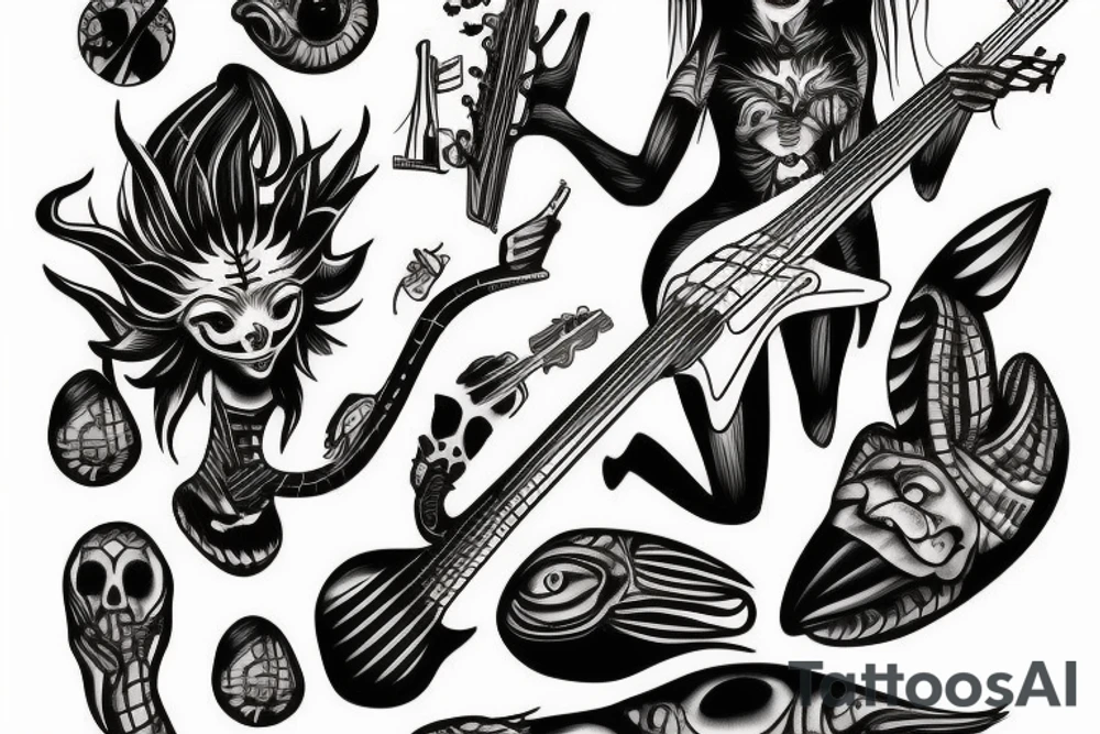 Female alien playing bass tattoo idea