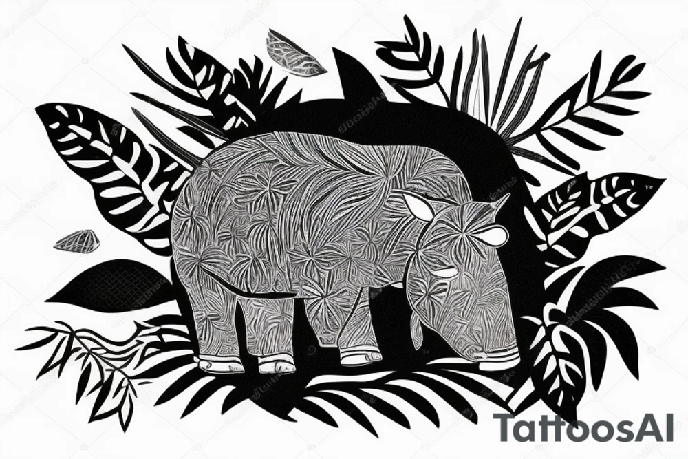 Baby Tapir head coming out of jungle plants tattoo idea