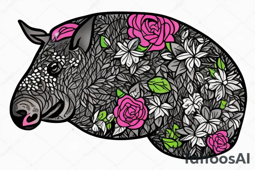 Tapir head coming out of flowers tattoo idea