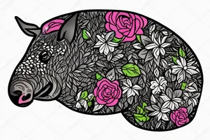 Tapir head coming out of flowers tattoo idea