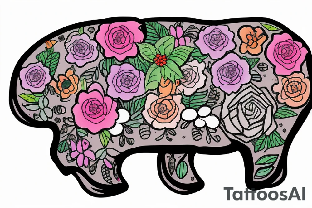 Tapir head coming out of flowers tattoo idea