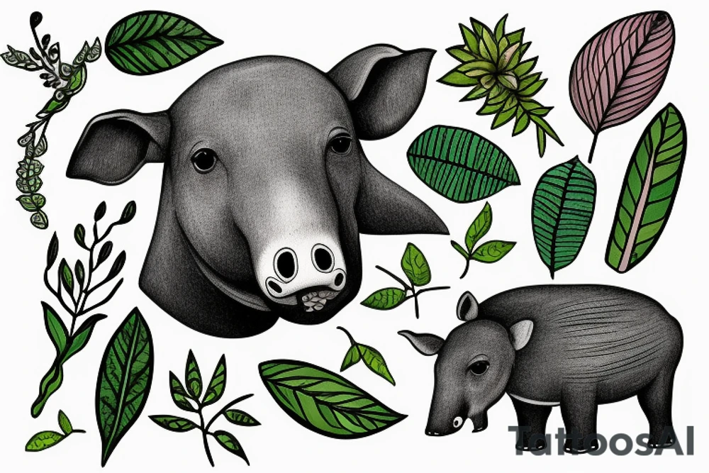 Tapir head with plants below tattoo idea
