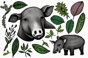 Tapir head with plants below tattoo idea