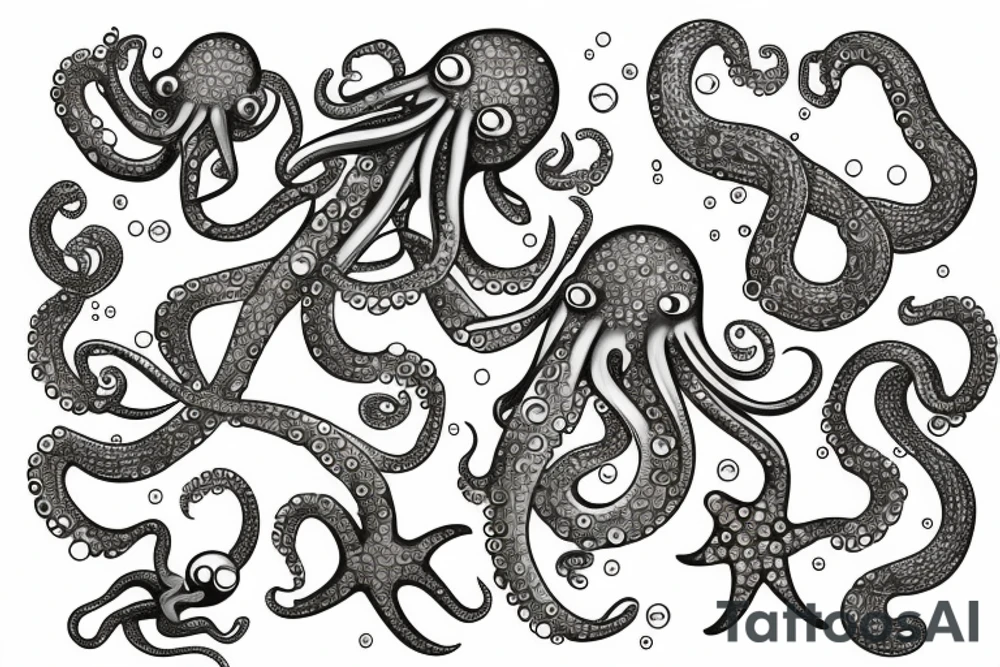 Sparkly Octopus Under The Sea With Bubbles Mural tattoo idea