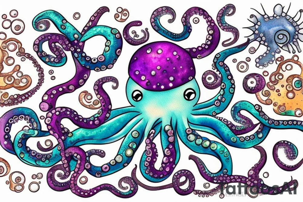 Sparkly Octopus Under The Sea With Bubbles Mural tattoo idea