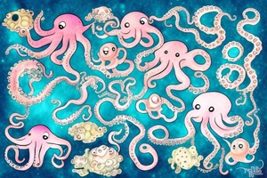 Sparkly Octopus Under The Sea With Bubbles Mural tattoo idea