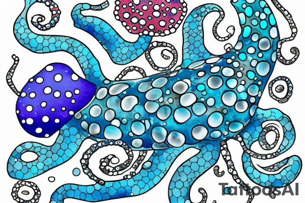 Sparkly Blue Ringed Octopus Under The Sea With Bubbles Mural tattoo idea