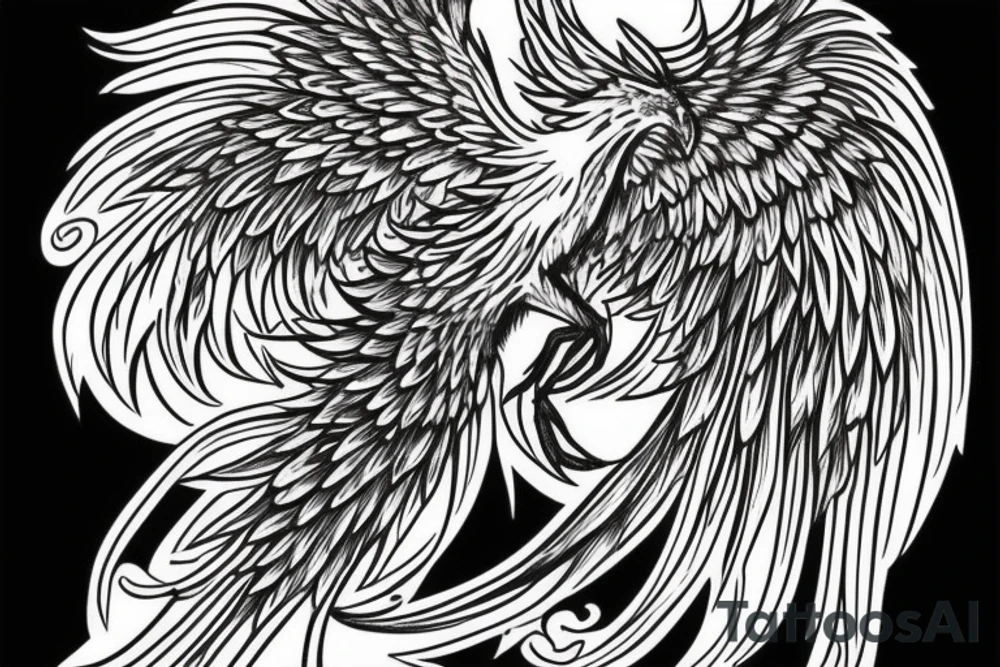 Black and white rising phoenix for whole back with lonh detailed tail tattoo idea