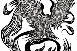Black and white rising phoenix for whole back with lonh detailed tail tattoo idea
