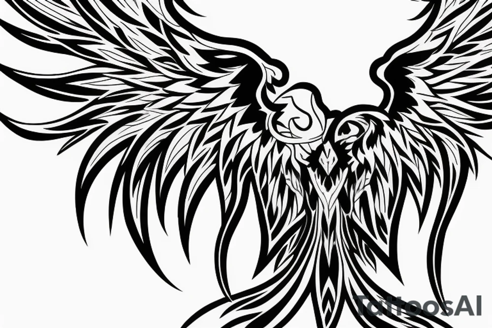 Black and white rising minimalist phoenix for whole back with lonh detailed tail tattoo idea