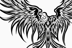 Black and white rising minimalist phoenix for whole back with lonh detailed tail tattoo idea