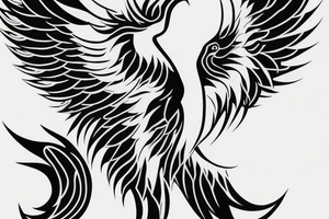Black and white rising minimalist phoenix for whole back with lonh detailed tail tattoo idea