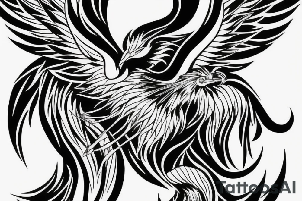 Black and white rising minimalist phoenix for whole back with lonh detailed tail tattoo idea