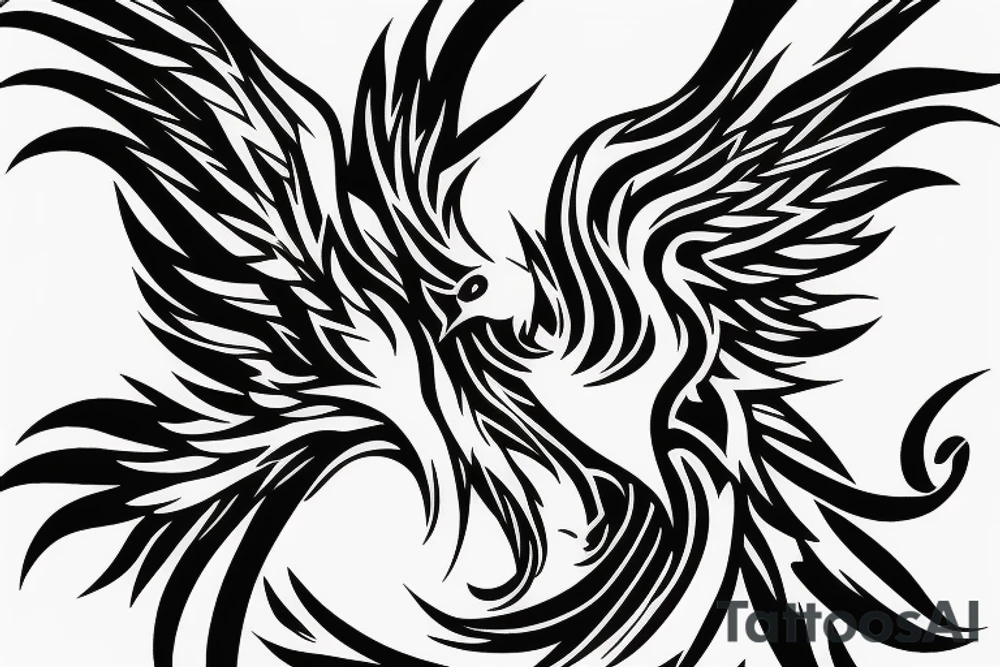 Black and white rising minimalist phoenix for whole back with lonh detailed tail tattoo idea
