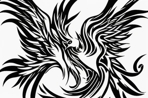 Black and white rising minimalist phoenix for whole back with lonh detailed tail tattoo idea