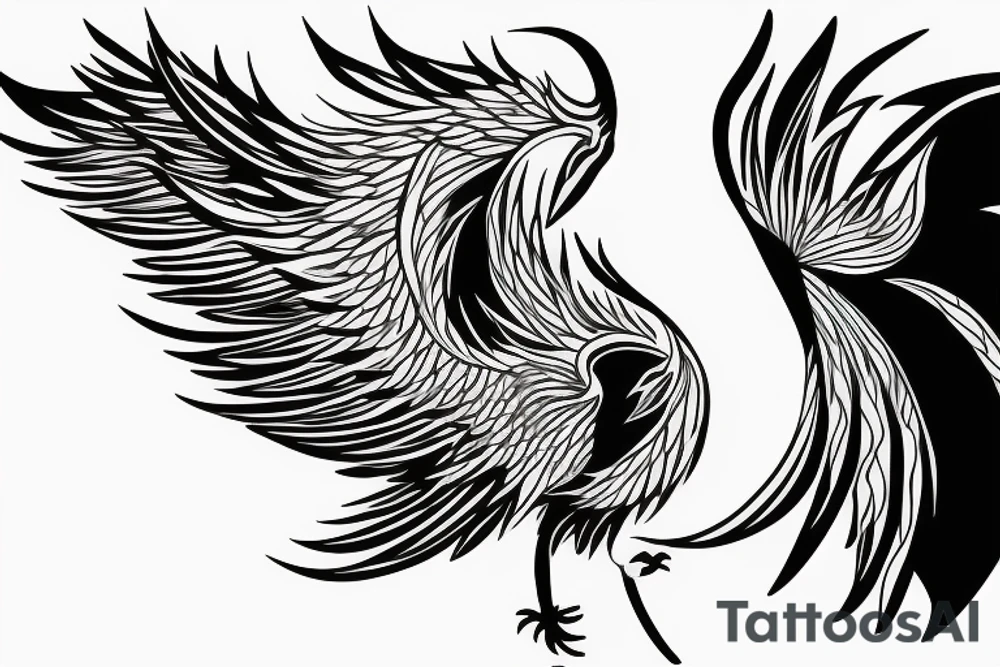 Black and white rising minimalist phoenix for whole back with lonh detailed tail tattoo idea Black and white rising minimalist phoenix for whole back with lonh detailed tail tattoo idea
