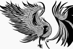 Black and white rising minimalist phoenix for whole back with lonh detailed tail tattoo idea