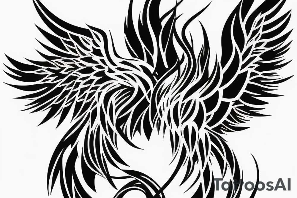 Black and white rising minimalist phoenix for whole back with long detailed tail tattoo idea