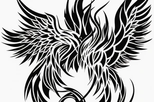 Black and white rising minimalist phoenix for whole back with long detailed tail tattoo idea