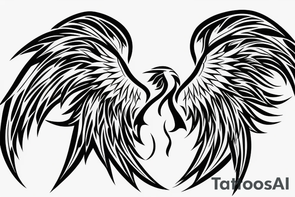 Black and white rising minimalist phoenix for whole back with long detailed tail tattoo idea