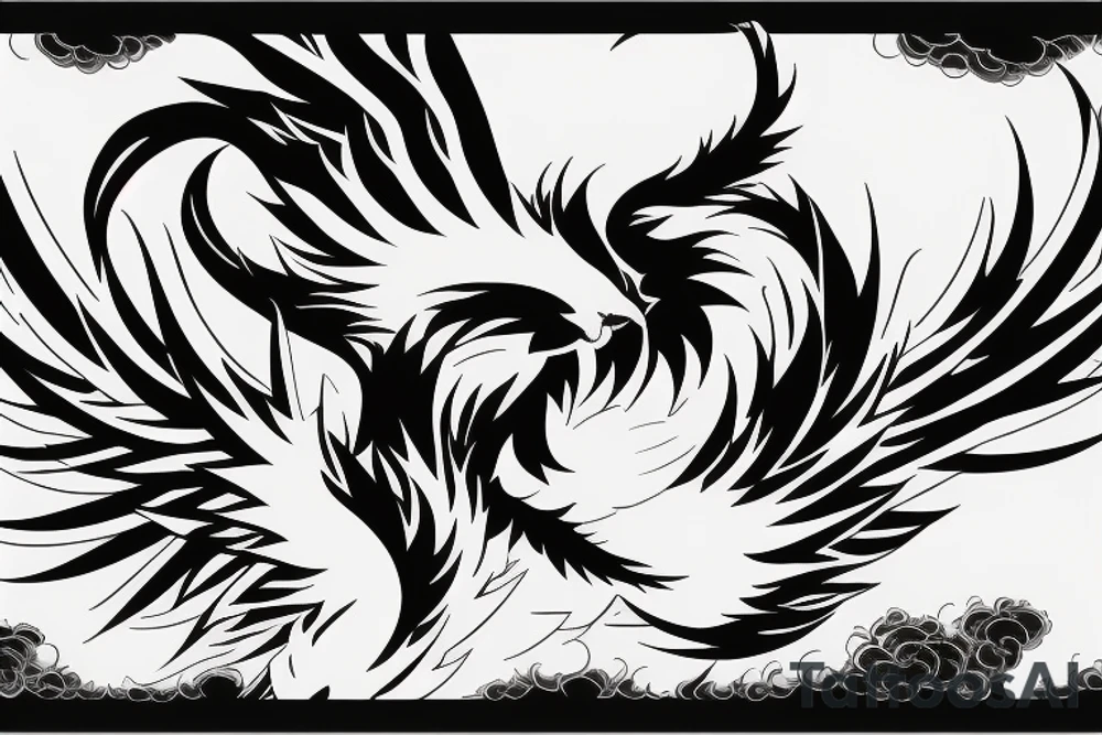 Black and white rising minimalist phoenix for whole back with long detailed tail tattoo idea