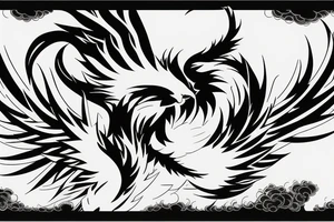 Black and white rising minimalist phoenix for whole back with long detailed tail tattoo idea