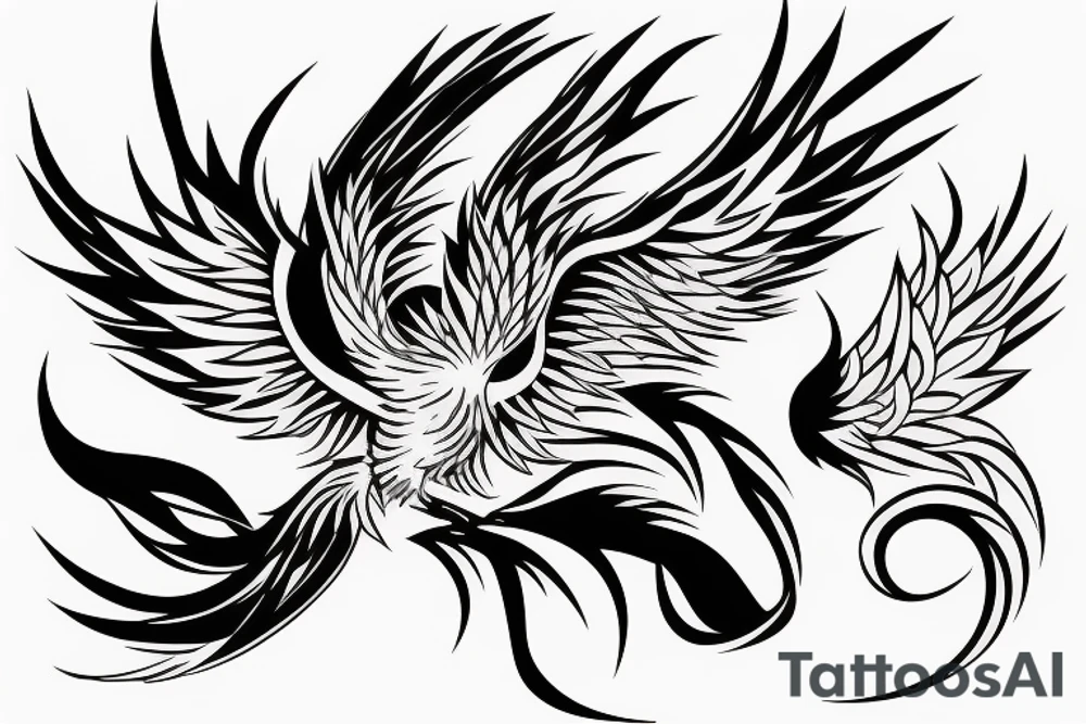Black and white rising minimalist phoenix for whole back with long detailed tail tattoo idea