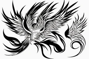 Black and white rising minimalist phoenix for whole back with long detailed tail tattoo idea