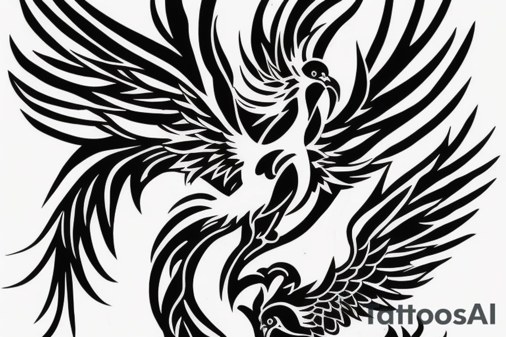 Black and white rising minimalist phoenix for whole back with long detailed tail. Vertical orientation tattoo idea