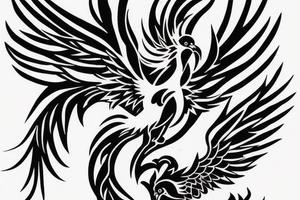 Black and white rising minimalist phoenix for whole back with long detailed tail. Vertical orientation tattoo idea