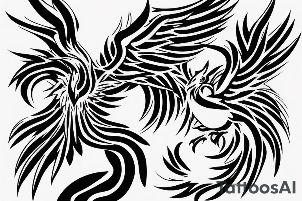 Black and white rising minimalist phoenix for whole back with long detailed tail. Vertical orientation tattoo idea