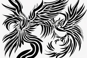 Black and white rising minimalist phoenix for whole back with long detailed tail. Vertical orientation tattoo idea